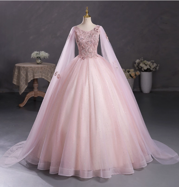 Princess Light Pink Crew Neck Cape Embroidered Tulle Ball Gown Prom Dress Sweet 16 Dress Main image