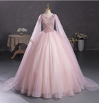 Princess Light Pink Crew Neck Cape Embroidered Tulle Ball Gown Prom Dress Sweet 16 Dress