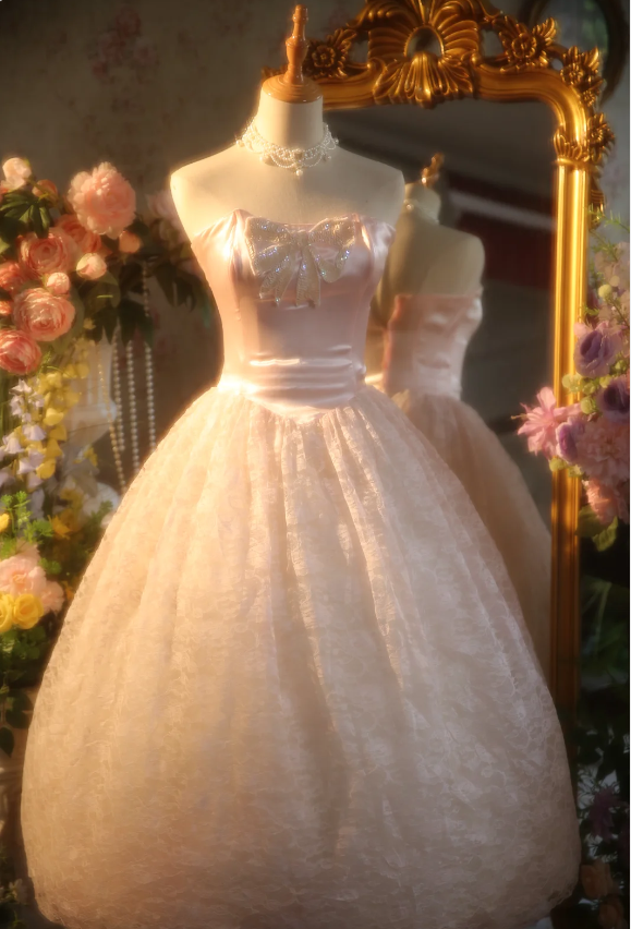 Princess Light Pink Strapless Lace Ball Gown Prom Dress Sweet 16 Dress