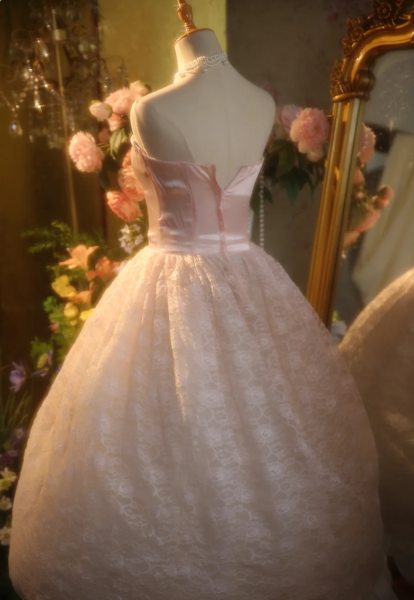 Princess Light Pink Strapless Lace Ball Gown Prom Dress Sweet 16 Dress