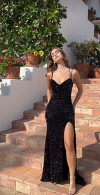 Black Shiny Elegant Princess Sequins Spaghetti Straps Long Ball Gown Evening Dress Party Dress