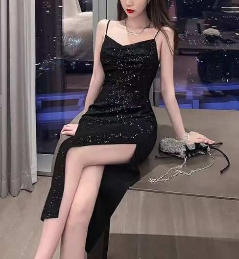 Black Shiny Elegant Princess Sequins Spaghetti Straps Long Ball Gown Evening Dress Party Dress