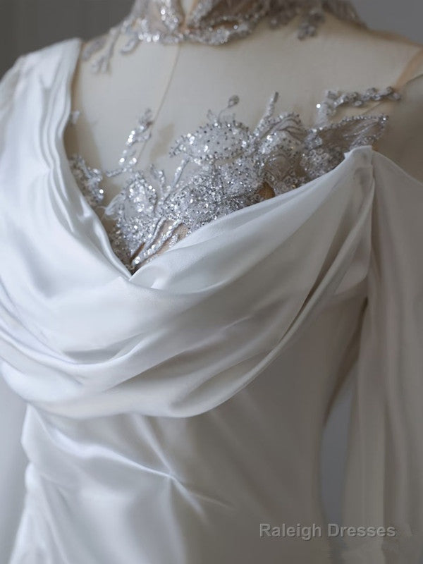 Princess Mermaid High Neck Sequin White Satin Wedding Dress