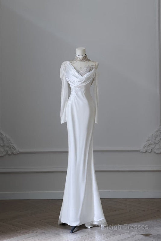 Princess Mermaid High Neck Sequin White Satin Wedding Dress