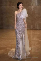 Princess Mermaid One Shoulder Party Dresses Sequin Lilac Prom Dresses