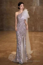 Princess Mermaid One Shoulder Prom Dress Sequin Lilac Prom Dress
