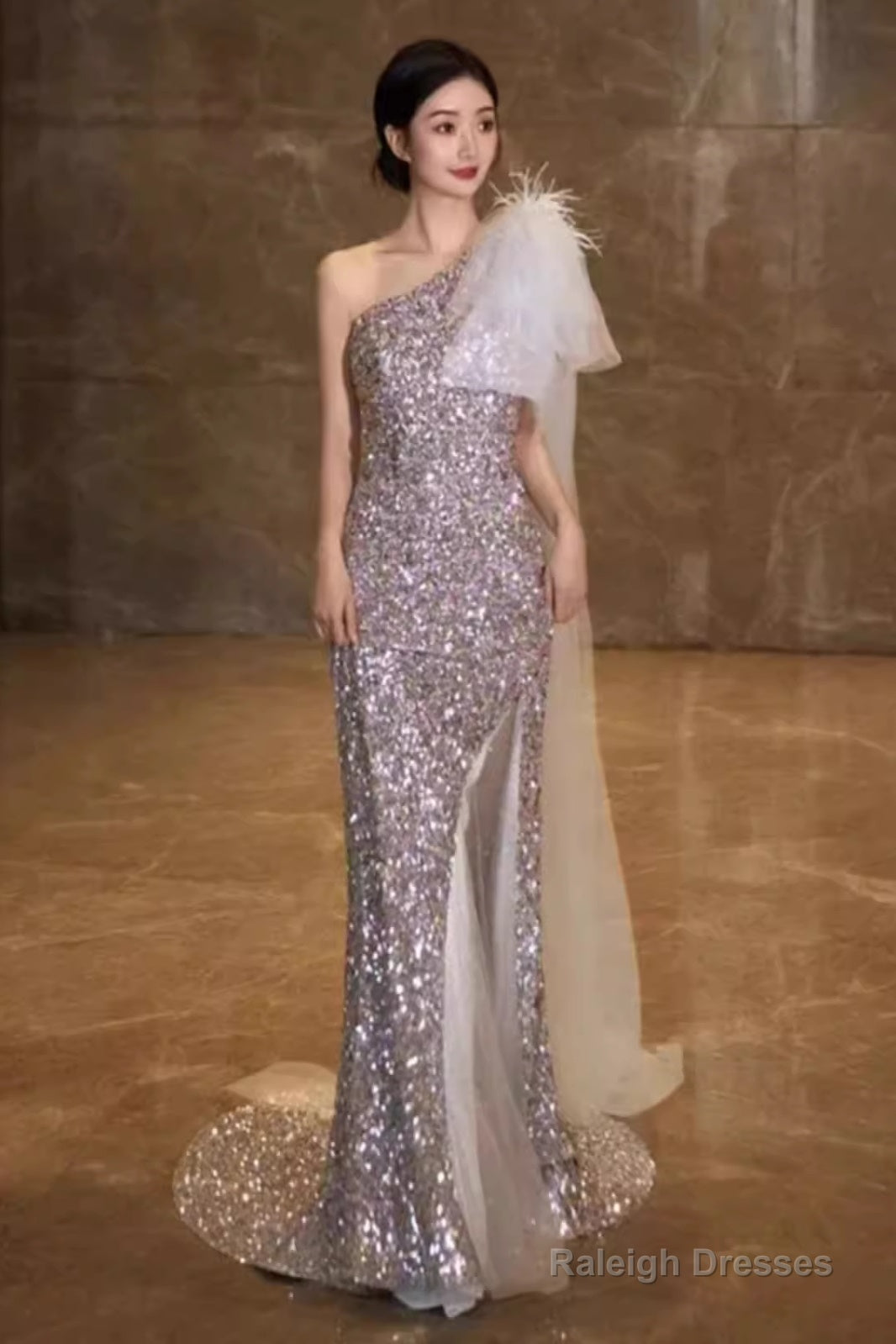 Princess Mermaid One Shoulder Prom Dress Sequin Lilac Prom Dress