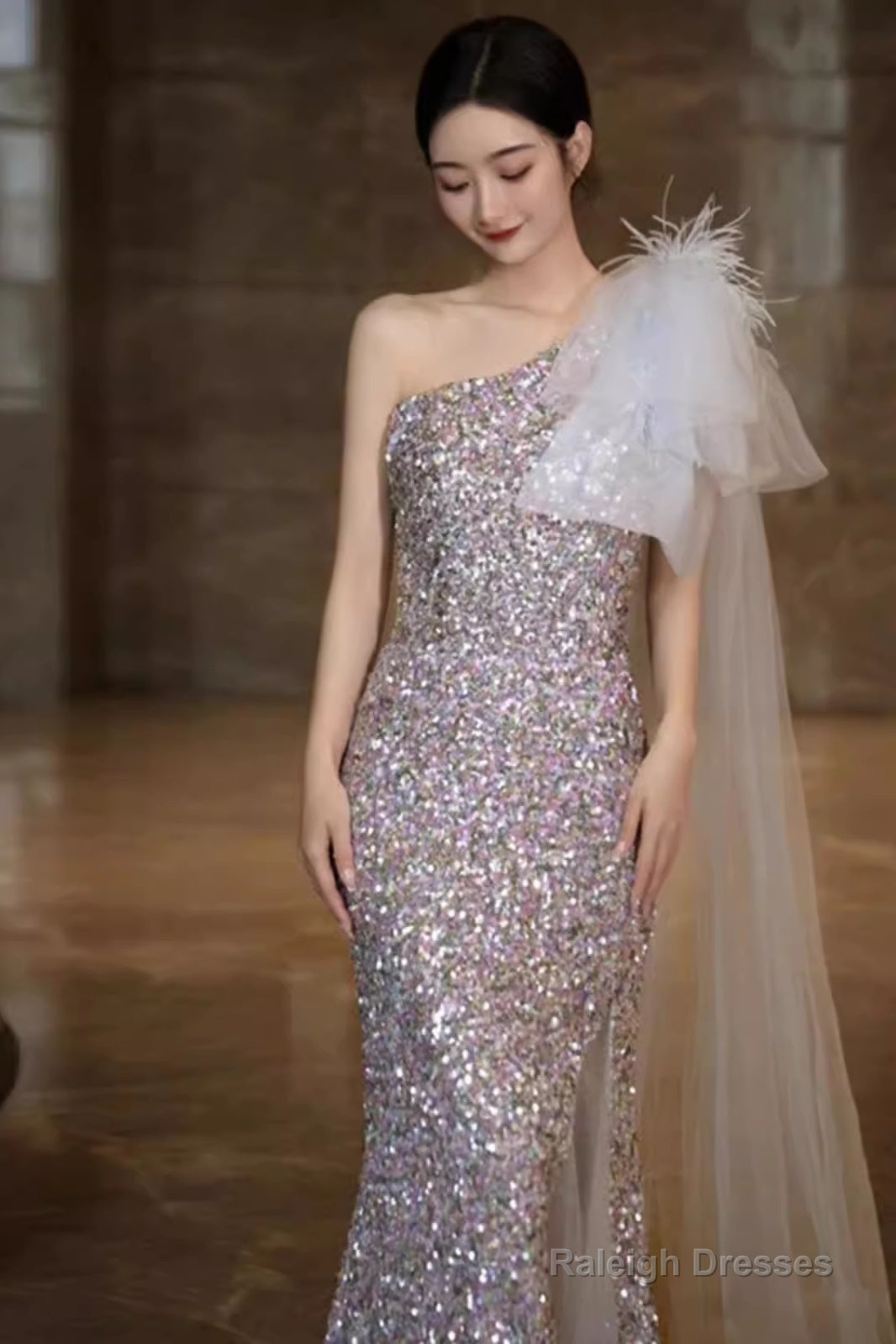 Princess Mermaid One Shoulder Party Dresses Sequin Lilac Prom Dresses