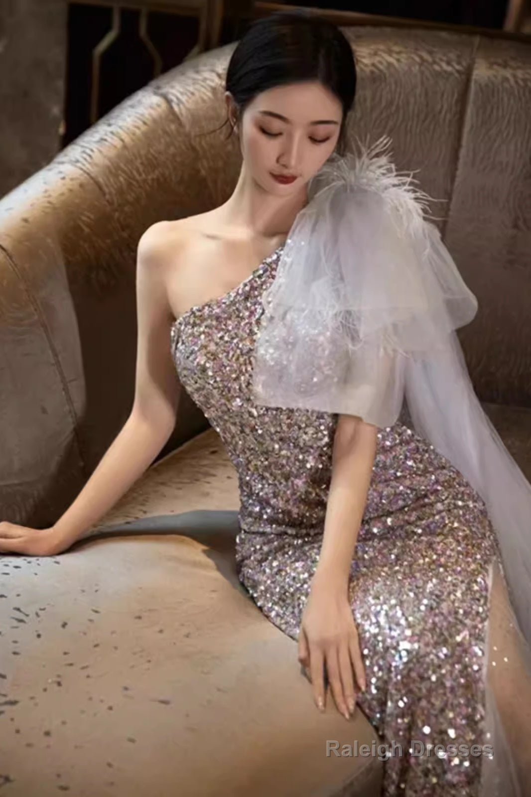 Princess Mermaid One Shoulder Prom Dress Sequin Lilac Prom Dress