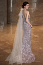 Princess Mermaid One Shoulder Prom Dress Sequin Lilac Prom Dress