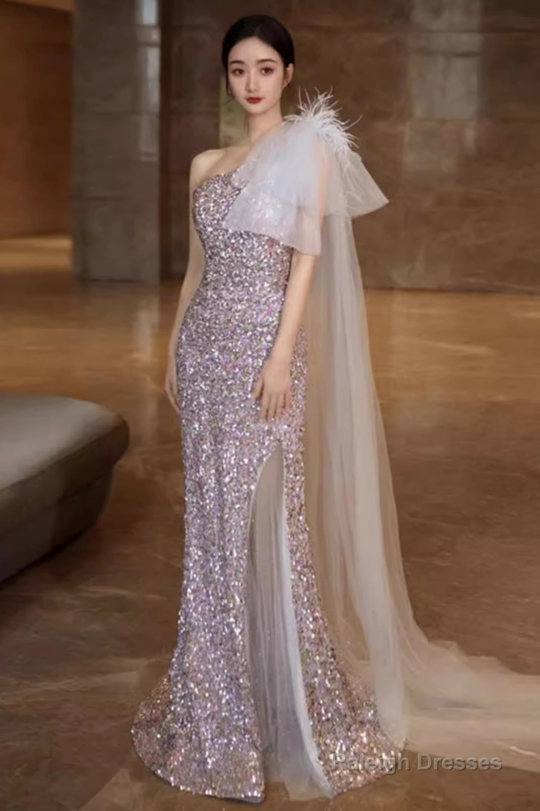 Princess Mermaid One Shoulder Party Dresses Sequin Lilac Prom Dresses Main image