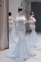 Princess Mermaid Strapless Neckline Long Sequin Feathers Long Wedding Dress Brides Dresses