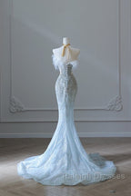Princess Mermaid Strapless Neckline Long Sequin Light Sky Blue Long Wedding Dresses Brides Dress