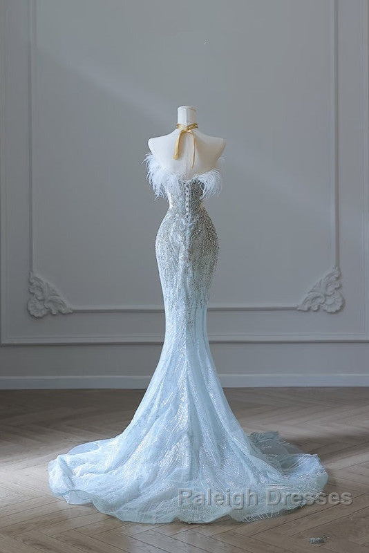 Princess Mermaid Strapless Neckline Long Sequin Light Sky Blue Long Wedding Dresses Brides Dress