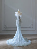 Princess Mermaid Strapless Neckline Long Sequin Light Sky Blue Long Wedding Dress Brides Dresses