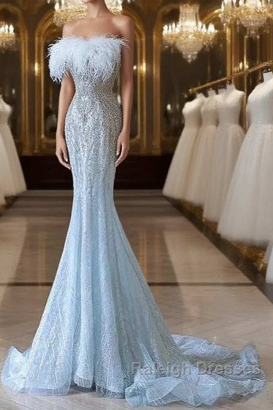 Princess Mermaid Strapless Neckline Long Sequin Light Sky Blue Long Wedding Dresses Brides Dress Main image