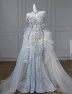 Princess Mermaid Strapless Neckline Sequin White Tulle Wedding Dress