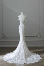 Princess Mermaid Strapless White Lace Long Wedding Dresses Brides Dress