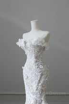 Princess Mermaid Strapless White Lace Long Wedding Dresses Brides Dress