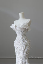 Princess Mermaid Strapless White Lace Long Wedding Dress Brides Dresses
