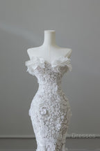 Princess Mermaid Strapless White Lace Long Wedding Dresses Brides Dress