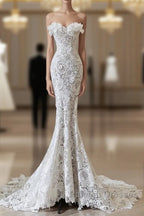 Princess Mermaid Strapless White Lace Long Wedding Dresses Brides Dress