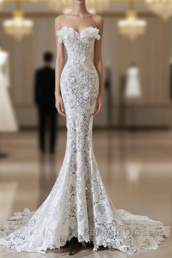 Princess Mermaid Strapless White Lace Long Wedding Dress Brides Dresses