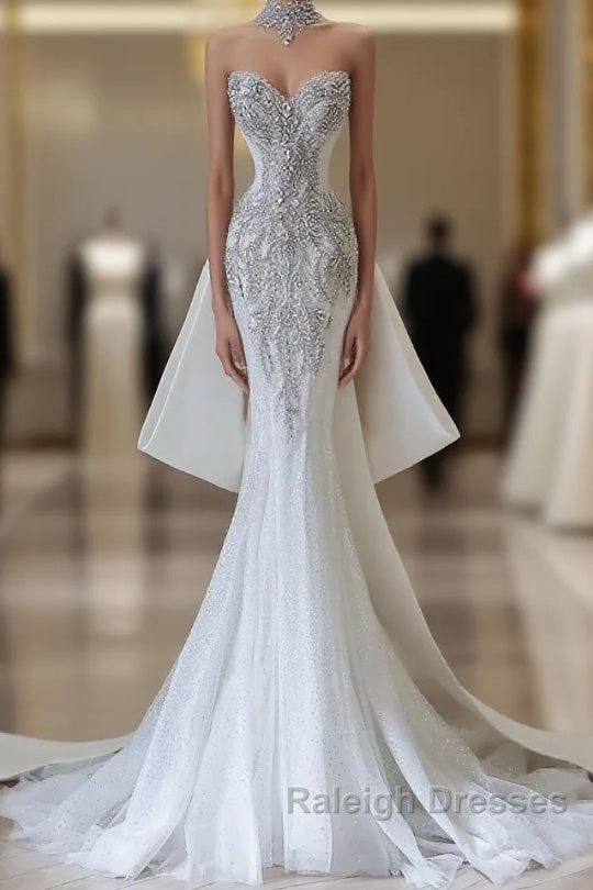 Princess Mermaid Sweetheart White Tulle Long Wedding Dresses Brides Dress Main image