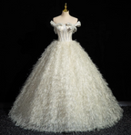 Princess Milk White Bowknot Off-The-Shoulder Feather Tulle Ball Gown Prom Dress Sweet 16 Dress