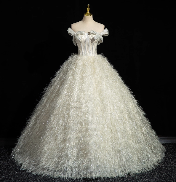 Princess Milk White Bowknot Off-The-Shoulder Feather Tulle Ball Gown Prom Dress Sweet 16 Dress