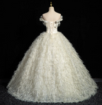 Princess Milk White Bowknot Off-The-Shoulder Feather Tulle Ball Gown Prom Dress Sweet 16 Dress