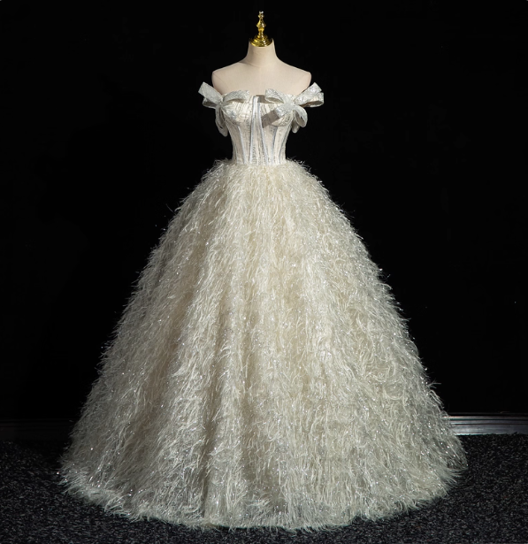 Princess Milk White Bowknot Off-The-Shoulder Feather Tulle Ball Gown Prom Dress Sweet 16 Dress Main image