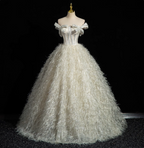 Princess Milk White Bowknot Off-The-Shoulder Feather Tulle Ball Gown Prom Dress Sweet 16 Dress