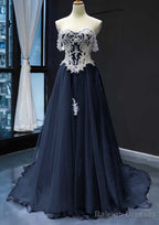 Princess Off-the-Shoulder Sweep Train Tulle Satin Prom Dress With Appliqued