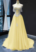 Princess Off-the-Shoulder Sweep Train Tulle Satin Prom Dresses With Appliqued