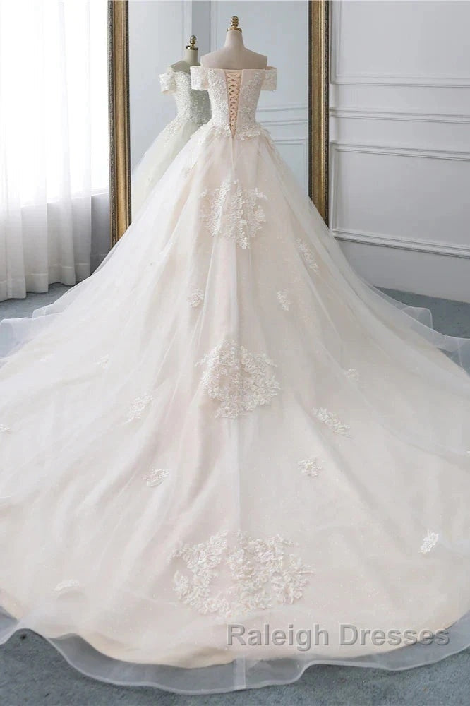 Princess Off The Shoulder Tulle Wedding Dresses With Lace Appliques Elegant Beautiful