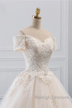 Princess Off The Shoulder Tulle Wedding Dress With Lace Appliques Elegant Beautiful