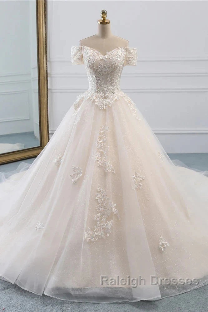Princess Off The Shoulder Tulle Wedding Dress With Lace Appliques Elegant Beautiful
