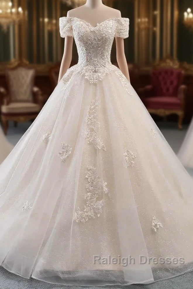 Princess Off The Shoulder Tulle Wedding Dress With Lace Appliques Elegant Beautiful