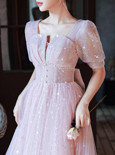 Princess Pink A-Line Square Neck Puff Short Sleeve Bow Tulle Long Formal Prom Dress