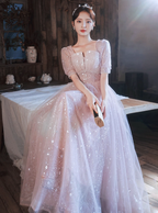 Princess Pink A-Line Square Neck Puff Short Sleeve Bow Tulle Long Formal Prom Dress