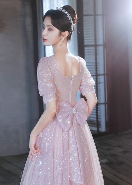 Princess Pink A-Line Square Neck Puff Short Sleeve Bow Tulle Long Formal Prom Dress