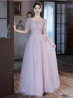 Princess Pink A-Line Square Neck Puff Short Sleeve Bow Tulle Long Formal Prom Dress
