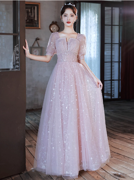 Princess Pink A-Line Square Neck Puff Short Sleeve Bow Tulle Long Formal Prom Dress