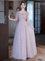 Princess Pink A-Line Square Neck Puff Short Sleeve Bow Tulle Long Formal Prom Dress