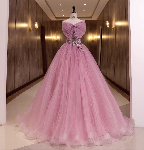 Princess Pink Bow Lace Tulle Ball Gown Prom Dress Sweet 16 Dress Secondary image
