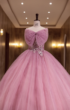 Princess Pink Bow Lace Tulle Ball Gown Prom Dress Sweet 16 Dress