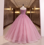 Princess Pink Bow Lace Tulle Ball Gown Prom Dress Sweet 16 Dress