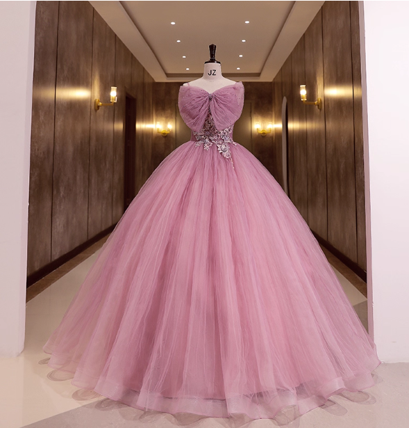 Princess Pink Bow Lace Tulle Ball Gown Prom Dress Sweet 16 Dress Main image