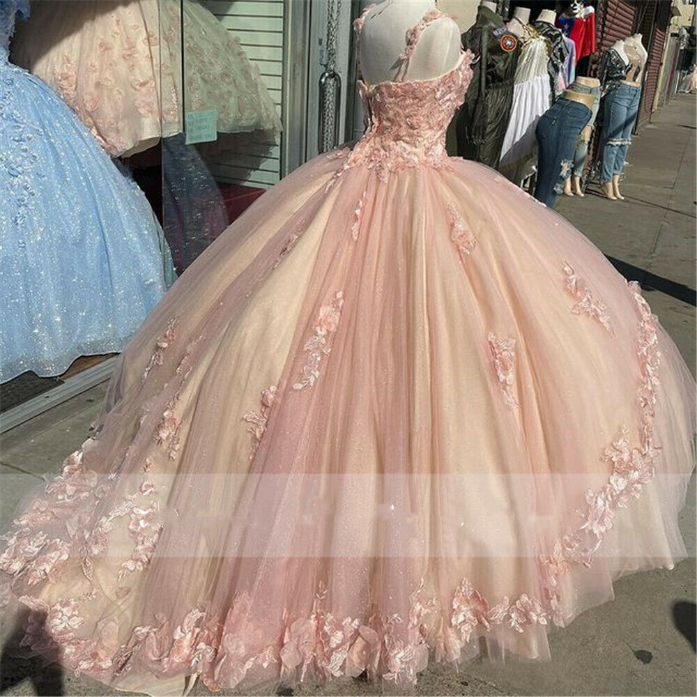 Princess Pink Quinceanera Dress Lace Appliques Sweet 15 Prom Ball Gowns